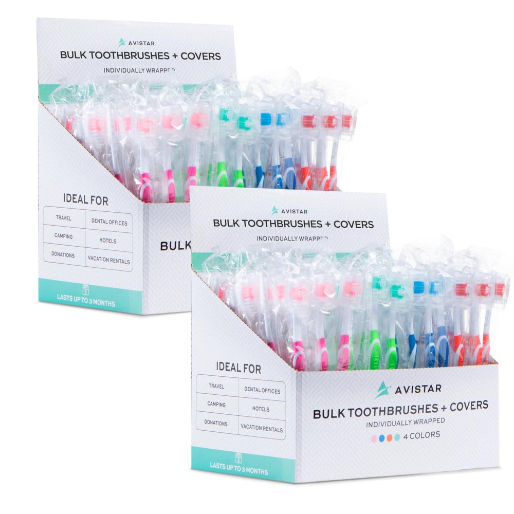 208 Pack Bulk Toothbrushes w/Cover Caps, Individually Wrapped Disposable Travel Toothbrush, Value Size, Long Lasting 3+ Months, Med-Soft Manual Teeth Brush Bristles, 4 Colors (Red Green Blue Pink)
