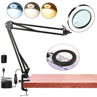 15X &10X magnifying glass with light and stand, 4.3" Real Glass lighted magnifying glass with Clamp, Adjustable Arm Magnifying Lamp, 3 Color Modes Stepless Dimmable Desk Lamp Hands Free for Close Work