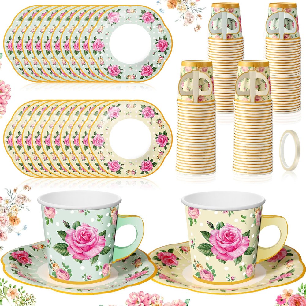 Umigy 60 Sets Tea Party Decorations Floral Paper Tea Cups with Handle and Plates Disposable Blossom Teacups and Saucers Sets with Tape for Hot Cold Drink Birthday(Yellow, Green,6.5 oz)