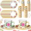 Umigy 60 Sets Tea Party Decorations Floral Paper Tea Cups with Handle and Plates Disposable Blossom Teacups and Saucers Sets with Tape for Hot Cold Drink Birthday(Yellow, Green,6.5 oz) view 1