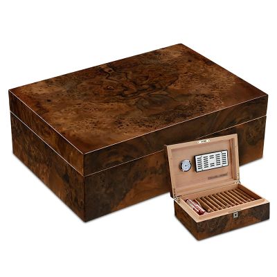 Cigar Humidor Box Walnut Finish High Gloss with Cigar Hygrometer Humidifier and Cedar Tray 1 Dividers Holds Up to 50 Cigars