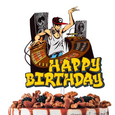 Gold Glitter Sound DJ Happy Birthday Cake Topper Cheer to Rock and Roll Music Theme Decor Supplies Men Women Boys Girls Birthday Party Decorations