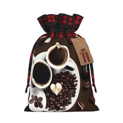 SSIMOO Coffee Collage Chic Drawstring Christmas Gift Bags,Patchwork Burlap Pull-String Bags,Reusable