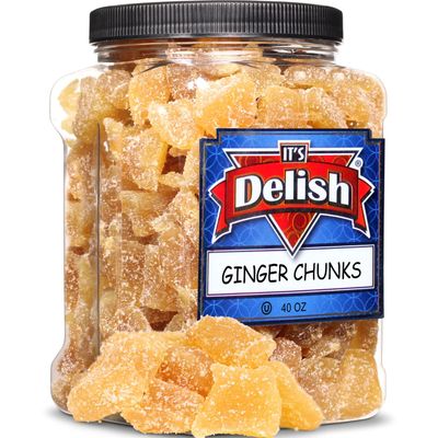 Crystallized Ginger Chunks by It's Delish, 2.5 Lb Jumbo Reusable Container | Candied Dried Ginger Fruit Chews Natural Candy, Ginger Root with Sugar Crystals, Unsulphured - Healthy Snack, Vegan, Kosher