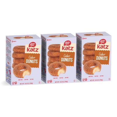 Katz Gluten Free Cider Donuts. Seasonal Donut with a Sweet Apple Cider Taste. Coated with Cinnamon Sugar. Free of Dairy, Soy, and Nut. Kosher 10.5oz (3pk)