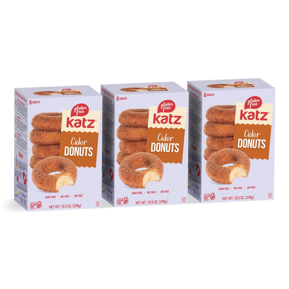 Katz Gluten Free Cider Donuts. Seasonal Donut with a Sweet Apple Cider Taste. Coated with Cinnamon Sugar. Free of Dairy, Soy, and Nut. Kosher 10.5oz (3pk)
