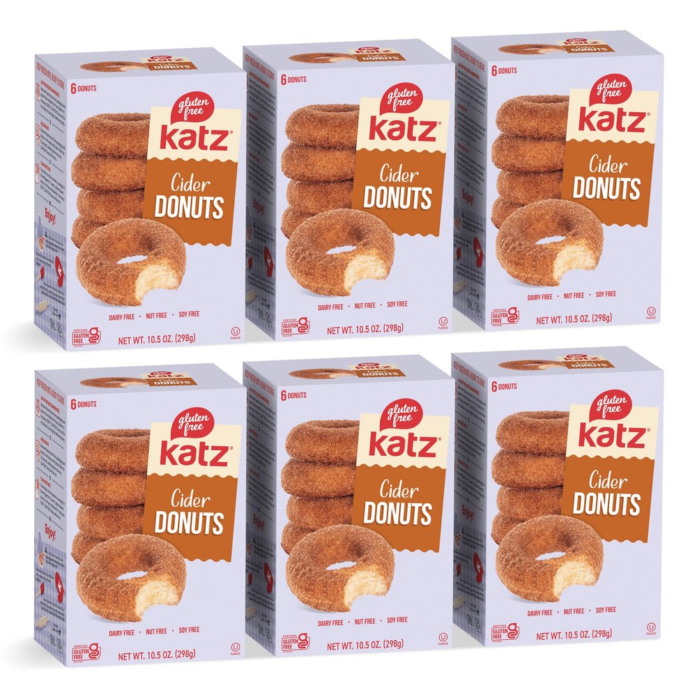 Katz Gluten Free Cider Donuts. Seasonal Donut with a Sweet Apple Cider Taste. Coated with Cinnamon Sugar. Free of Dairy, Soy, and Nut. Kosher 10.5oz (6pk)