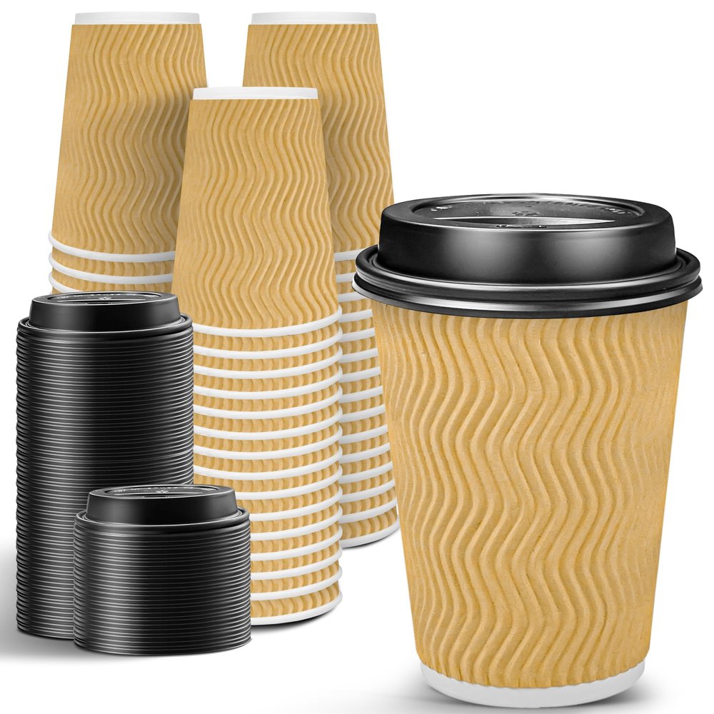 Ginkgo 100 Pack Disposable Coffee Cups with Lids 12oz, Insulated Ripple Wall To Go Paper Hot Cups - Beige