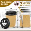 Ginkgo 100 Pack Disposable Coffee Cups with Lids 12oz, Insulated Ripple Wall To Go Paper Hot Cups - Beige view 2