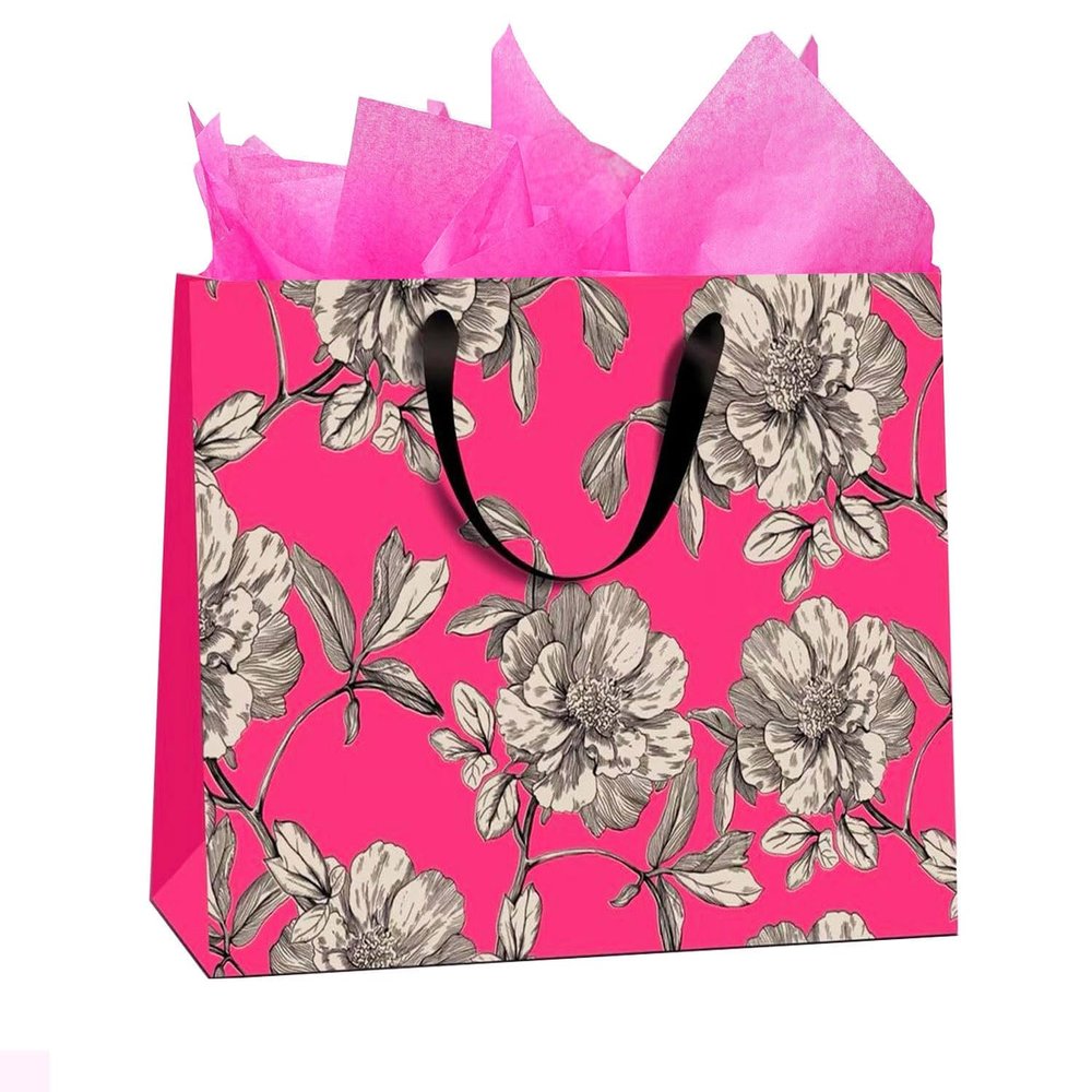 14" Large Hot Pink Gift Bags with Tissue Paper and Happy Birthday Gift Bag for Women's and Mother's Day birthday Valentine's day weddings,anniversaries Any Occasion