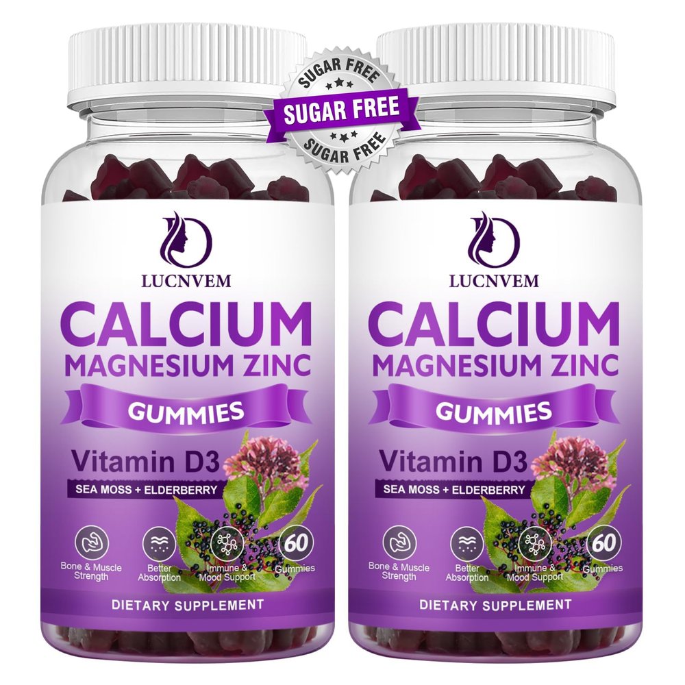 (2 Pack) Sugar Free Calcium Magnesium Zinc Gummies, Calcium Magnesium 2:1, Contains Magnesium Glycinate, Vitamin D3, Sea Moss, for Bones, Muscles, Calm Mood & Sleep Support, Vegan, 120 Gummies