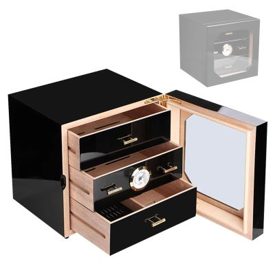 Cigar Humidor with Digital Hygrometer and Humidifier, 50 Count Spanish Cedar Lined Cigar Box with Cedar Divider and Storage Accessory Drawer, Great Gift for Fathers (Color : Black)