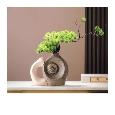AOKLEY Artificial Bonsai Simulated Welcome Pine Bonsai Vase Decoration Zen Living Room Porch Cabinet Office Landscape Hotel Artificial Bonsai Tree (Color : Brass)