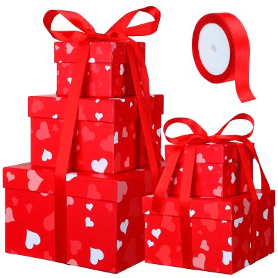 Geyoga 5 Pcs Valentine's Day Gift Boxes Square Nesting Boxes with Lids Square Box 5 Assorted Sizes Stackable Gift Box for Valentine's Day Wedding Party Present Packaging