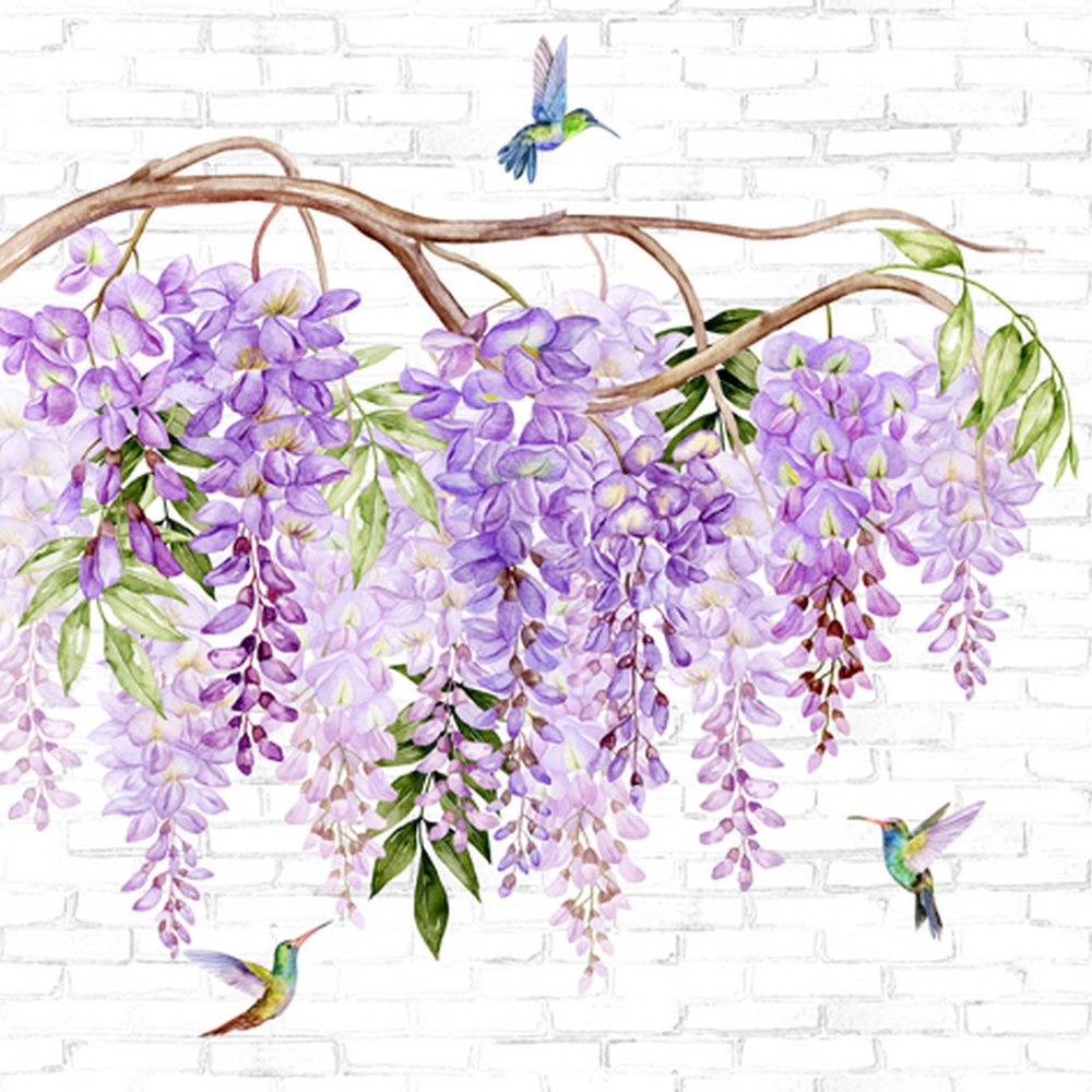 20 Decorative Paper Napkins Natural Hummingbirds on Wisteria as Table Decoration with Motif Also for Decoupage 33 x 33 cm