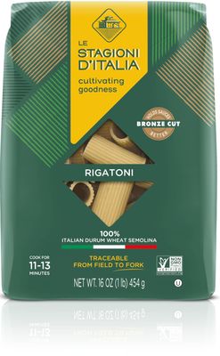 Le Stagioni DItalia Rigatoni Pasta - 16 oz. Non-GMO Pasta Made with Only 100% Italian Durum Wheat Semolina Made in Italy Product Endorsed by Italian Farmers Kosher Certified Biodegradable Packaging- Bronze Die Cut