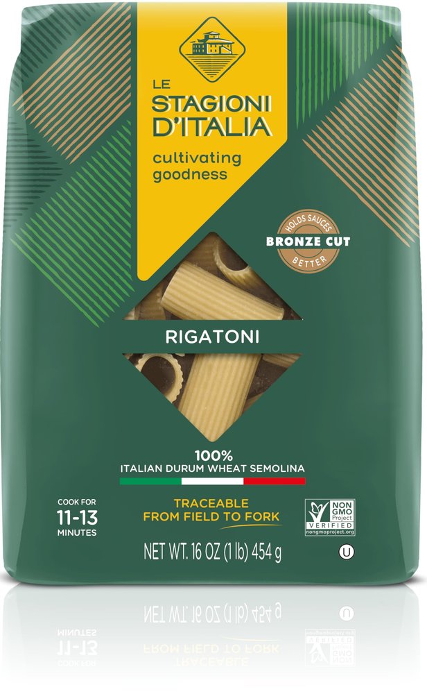 Le Stagioni DItalia Rigatoni Pasta - 16 oz. Non-GMO Pasta Made with Only 100% Italian Durum Wheat Semolina  Made in Italy  Product Endorsed by Italian Farmers  Kosher Certified Biodegradable Packaging- Bronze Die Cut