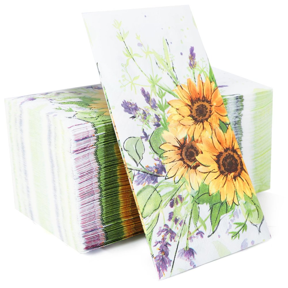 100 Pack Spring Sunflower Floral Guest Hand Towels Disposable for Bathroom, Sunflower Paper Napkins Decorative Spring Flowers Napkins for Bathroom Toilet Powder Room Holiday Wedding Bridal Shower