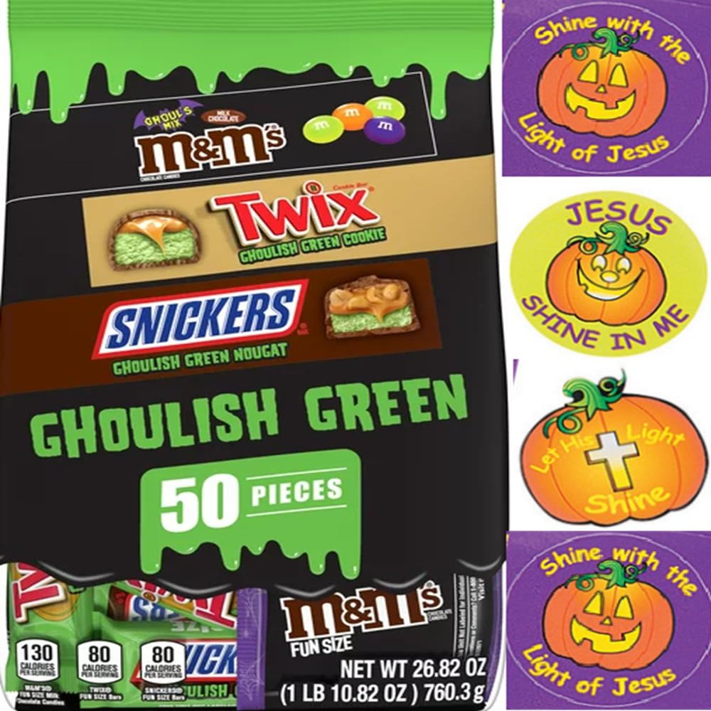 HALLOWEEN GHOULISH GREEN VARIETY CHOCOLATE BAG TWIX; M&MS; SNICKERS; A SHEET OF STICKERS