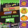 HALLOWEEN GHOULISH GREEN VARIETY CHOCOLATE BAG TWIX; M&MS; SNICKERS; A SHEET OF STICKERS view 1