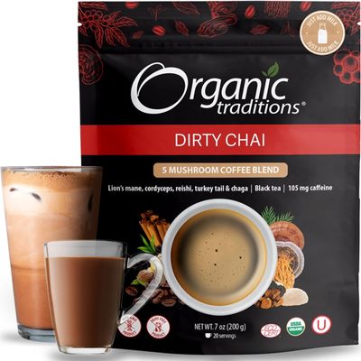 Organic Traditions Dirty Chai Mushroom Coffee, Instant Coffee with Lions Mane, Chaga, Reishi, Cordyceps, Turkey Tail, Organic Black Tea, MCT Oil Powder, Chai Spice Blend, 105mg Caffeine, 100g / 7oz