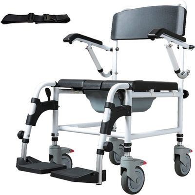 CAIMIAO Folding Commode Wheelchair,Height Adjustable Toilet Shower Chair with Detachable Bucket,Folding Pedal and Foldable Armrest Toilet Chair Mobile Bedside Commodes for Elder Disabled People