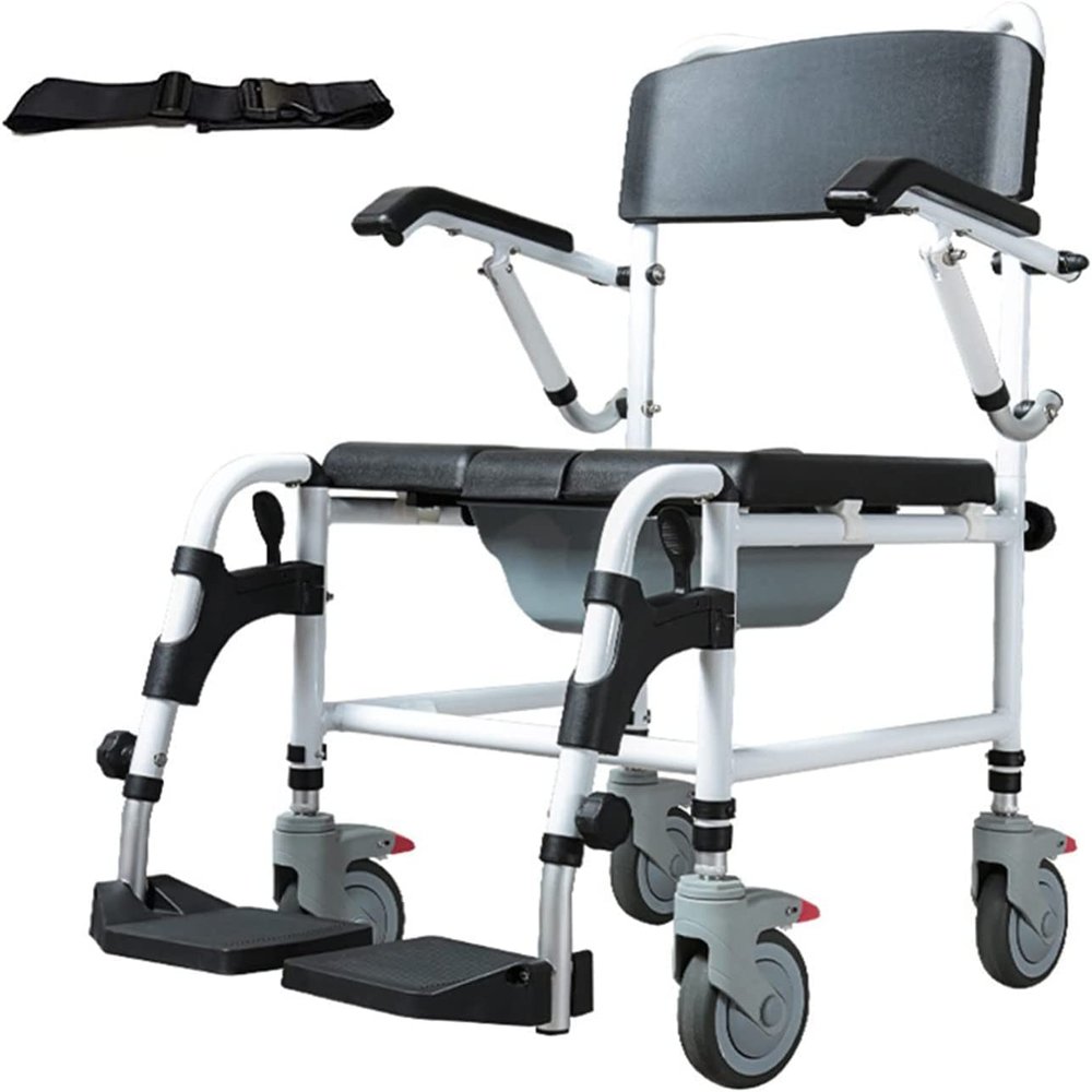 CAIMIAO Folding Commode Wheelchair,Height Adjustable Toilet Shower Chair with Detachable Bucket,Folding Pedal and Foldable Armrest Toilet Chair Mobile Bedside Commodes for Elder Disabled People