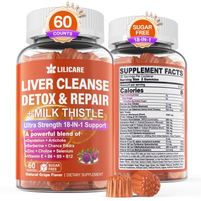1Pack Milk Thistle Liver Detox Gummies, 18-in-1 Liver Cleanse Detox & Repair Supplement with Berberine, Chicory Root, Turmeric, Artichoke, Dandelion Root, Chanca Piedra, Vitamins B6 B12 - Sugar Free