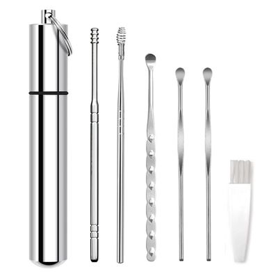 Ear Wax Cleaning Kit, Ear Cleansing, Ear Wax Removal Tool, Easy to Use, Painless Cleaning Spoon, with Storage Box and Cleaning Brush (6Pcs) (Silvery)