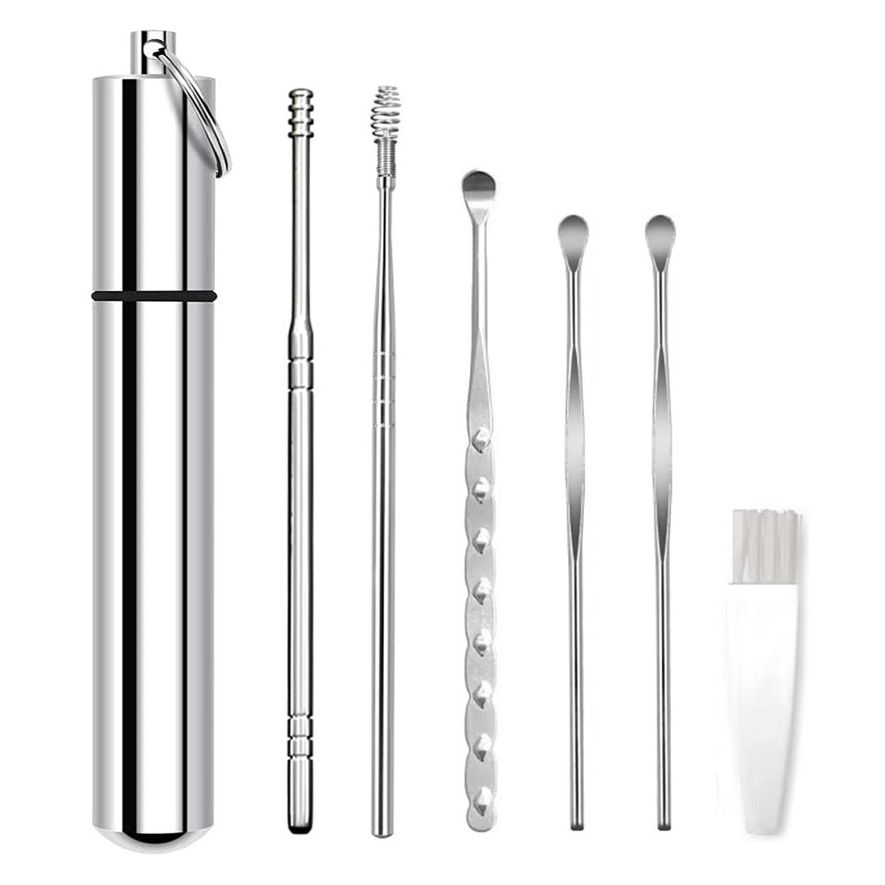 Ear Wax Cleaning Kit, Ear Cleansing, Ear Wax Removal Tool, Easy to Use, Painless Cleaning Spoon, with Storage Box and Cleaning Brush (6Pcs) (Silvery)