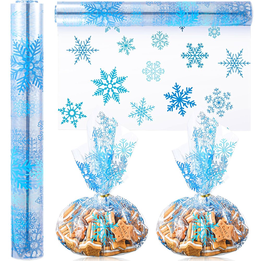 Gueevin Snowflake Cellophane Wrap Roll Christmas Snowflake Cellophane Wrap Winter Christmas Cello Gift Wraps Plastic Blue Wrapping Paper 100 ft x 16 in 2.5 Mil Xmas Cellophanes Bag