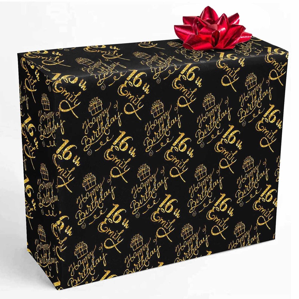 InterestPrint Custom Gift Wrapping Paper with Name Personalized Golden Happy Birthday Wrapping Paper Roll Birthday Gift Wrap Paper for Men Women Birthday Christmas 58x23 2 Roll