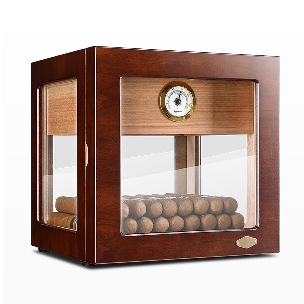 Cigar Humidor, Desktop Glass Top Cigar Box with Hygrometer Humidifier and Divider, Handcrafted Cedar Wood Finish Case Holds100-150 Cigars as Gift for Men