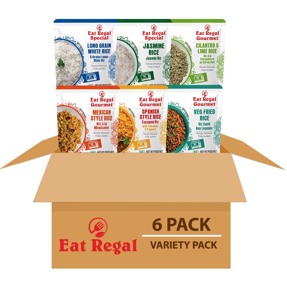 Eat Regal Rice Variety Pack, 8.8 oz | 6 Flavors: Spanish, Thai Jasmine, Long Grain, Cilantro Lime, Mexican, Veg Fried Ready in 90 Sec Non-GMO, Gluten-Free