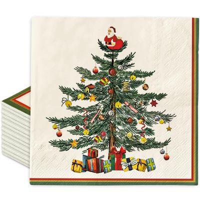 100 Pack Christmas Paper Napkin Vintage Xmas Tree Disposable Luncheon Napkins Retro Dessert Dinner Hand Napkin, 6.5 x 6.5 Inch