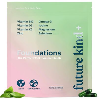 Future Kind Carrageenan-Free Foundations Multivitamin for Women & Men with Omega-3, B12, D3, Zinc, Iodine, Magnesium, K2 & Selenium, Vegan, Compostable Bag (60ct)