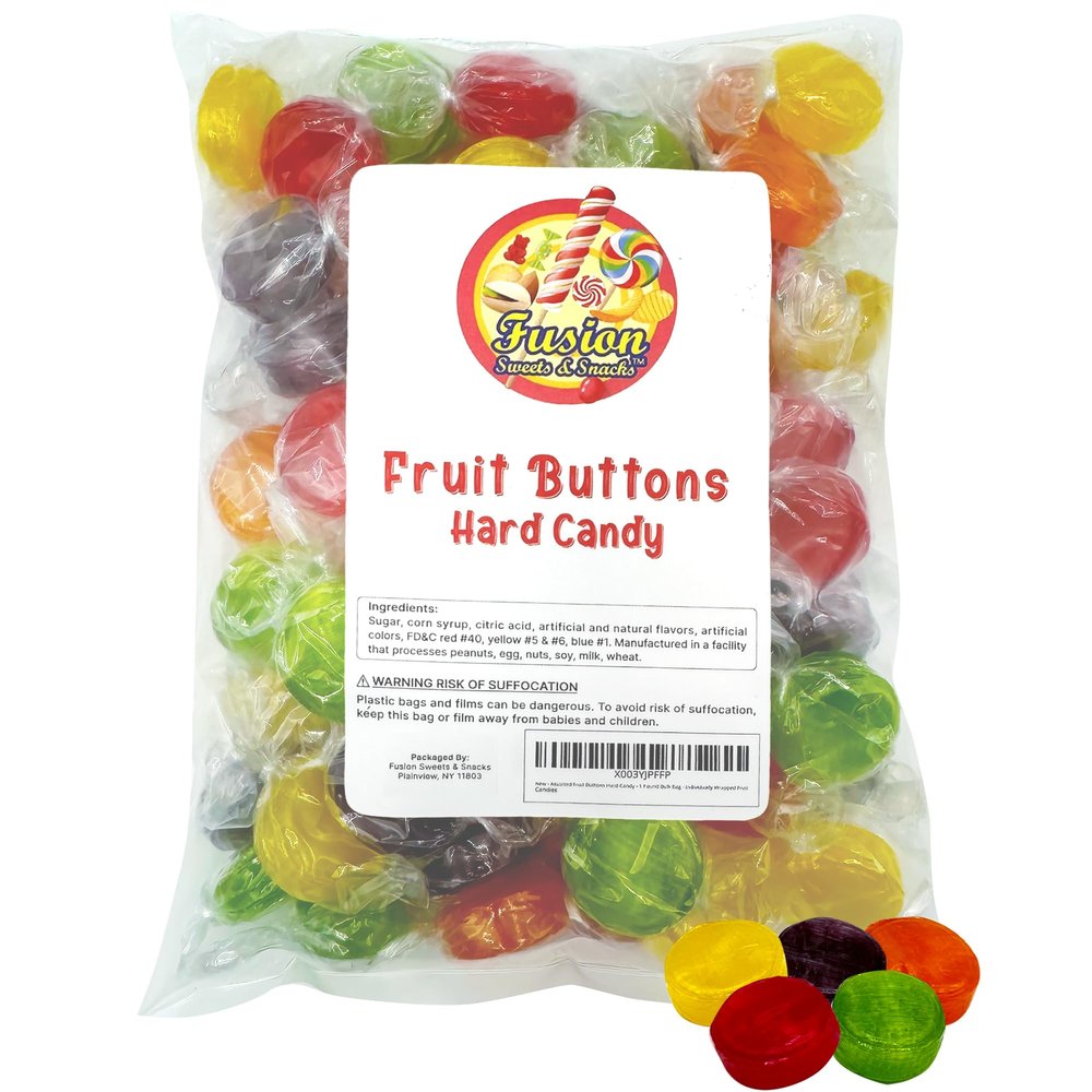 Assorted Fruit Buttons Hard Candy - 1 Pound Bulk Bag (Approx 80 Pieces) - Individually Wrapped Fruit Discs Hard Candies