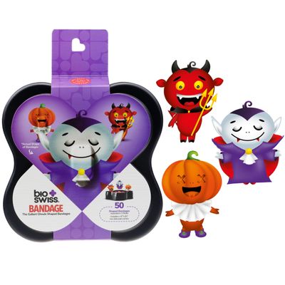 BioSwiss Bandages, Halloween Ghouls Shaped Self Adhesive Bandage Set, Latex Free, Sterile Wound Care, 50 Count