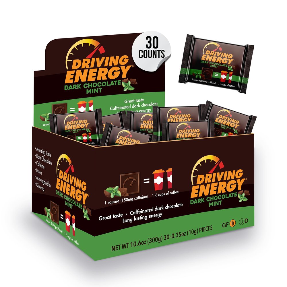 Driving Energy - Caffeinated Energy Bite Size - Dark Chocolate Mint Energy Fuel with 150mg Caffeine - Long-Lasting Energy for Gym, Workout, Adults - Great Taste - Low Carb - Healthy Snack - 30 Count