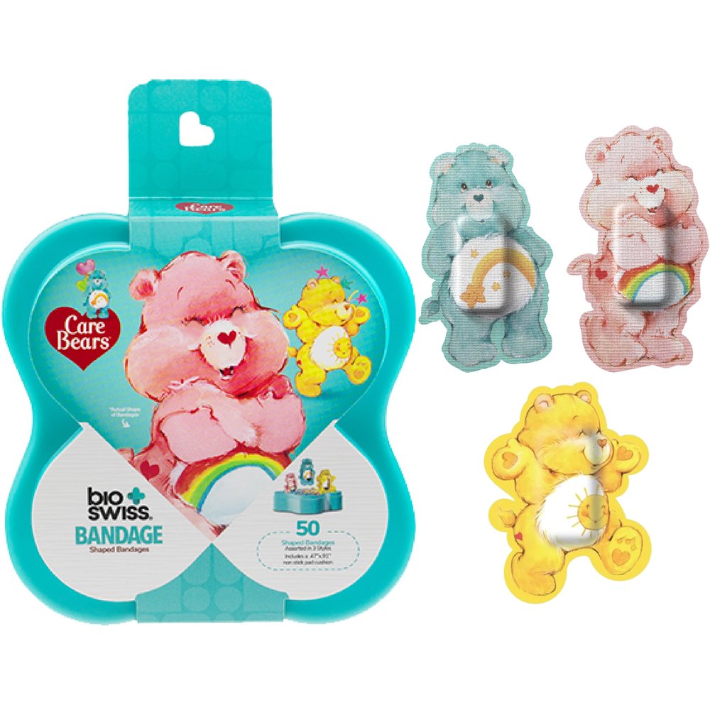 BioSwiss Care Bears Bandages, Classic Care Bear Shaped Self Adhesive Bandage Set, Latex Free, Sterile Wound Care, 50 Count