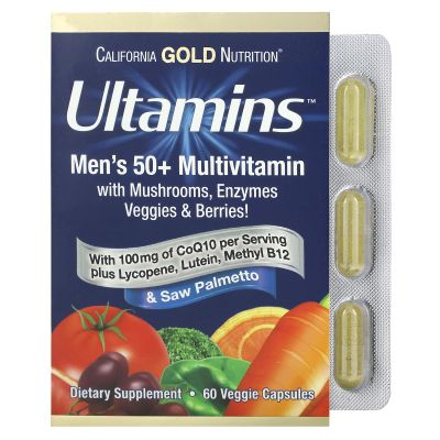 California Gold Nutrition Ultamins Men's 50+ Multivitamin with CoQ10, Mushrooms, Enzymes, Veggies & Berries, 60 Veggie Capsules