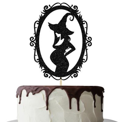 A Baby is Brewing Cake Topper, Halloween Baby Shower Cake Decorations, Pregnant Witch Cake Toppers for Gender Reveal Party Decoration Supplies, Black Glitter
