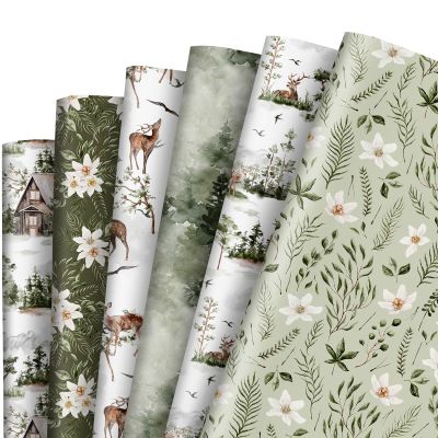 12 Sheet Greenery Wrapping Paper Forest Reindeer Flower Gift Wrap Paper Bulk Folded Flat Green Art Paper for Christmas Birthday, 19.7 x 27.6 Inch