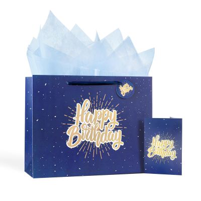 Powbrace 13" Blue Happy Birthday Gift Bag with Tissue Paper and Greeting Card for Party,Happy Birthday Gift Bag for Men Women, Gift Bags Medium size(1 PCS Blue)