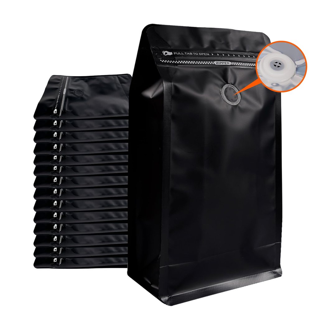 Coffee Bags with Valve (50 PCS,32oz/2lb) Black High Barrier Aluminum Foil Flat Bottom Standing Coffee Beans Storage Packaging Bags, Reusable Heat Seal Side Zipper Pouches for Small Business and Home
