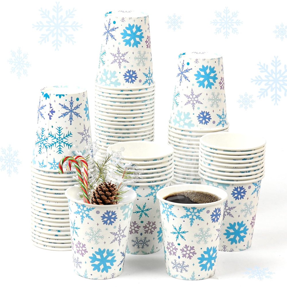 100PCS 9Oz Christmas Snowflake Paper Cups Christmas Paper Cups Xmas Disposable Coffee Cups Snowflake Christmas Cups Drinking Tea Paper Cups Christmas Cups for Christmas Winter Birthday Party Supplies