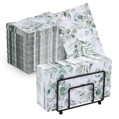 100Pcs Disposable Greenery Hand Towels and Metal Napkin Holder for Bathroom,Decorative Guest Napkins Paper and Black Napkin Holder for Baby Shower Party Supplies Table Decor