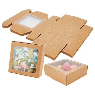 BENECREAT 18 Packs 4x4x1.6 Inch Brown Kraft Paper Box with Clear Windows Foldable Paper Gift Box Goodies Candy Box Dessert Box for Party Wedding Bakery Packaging