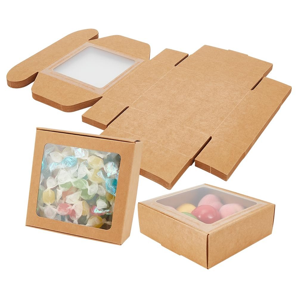 BENECREAT 18 Packs 4x4x1.6 Inch Brown Kraft Paper Box with Clear Windows Foldable Paper Gift Box Goodies Candy Box Dessert Box for Party Wedding Bakery Packaging