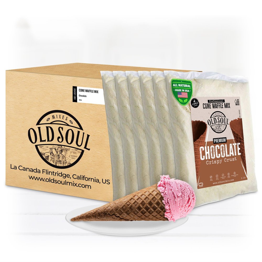OLDSOUL Professional Cone Waffle Mix | Chocolate Flavor | 30 Lbs | 672 Pcs | Batter Mix | (30 Lbs, Traditional)